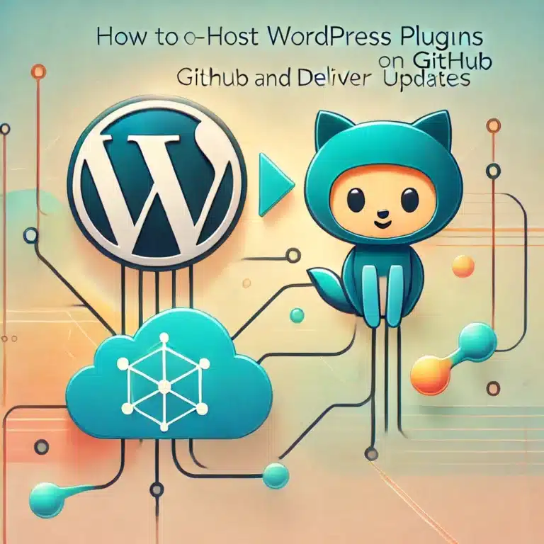 Illustration depicting the seamless integration between WordPress plugins and GitHub for self-hosted updates. Features dynamic arrows symbolizing updates and a modern, digital background to emphasize technology and innovation