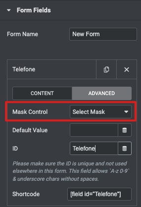 Elementor formulário controle de máscara